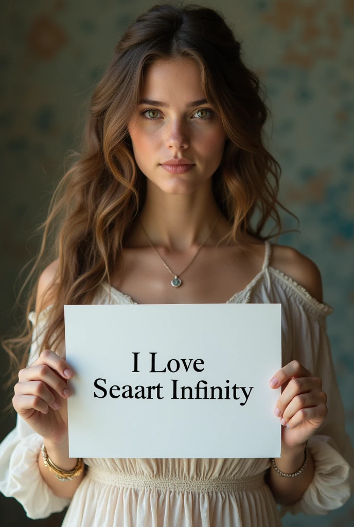 Beautiful girl with wavy long hair, bohemian dress, holding a white board with text "I Love Seaart Infinity" and showing it to the viewer