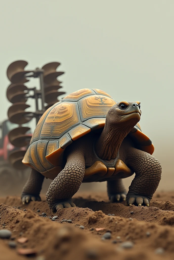 Imagine a robust and determined tortoise, with an expression of effort, dragging a tractor plow harrow. At the rear, the grid can be the same size with several plow discs and to make it look like it is being pulled with difficulty by the tortoise..