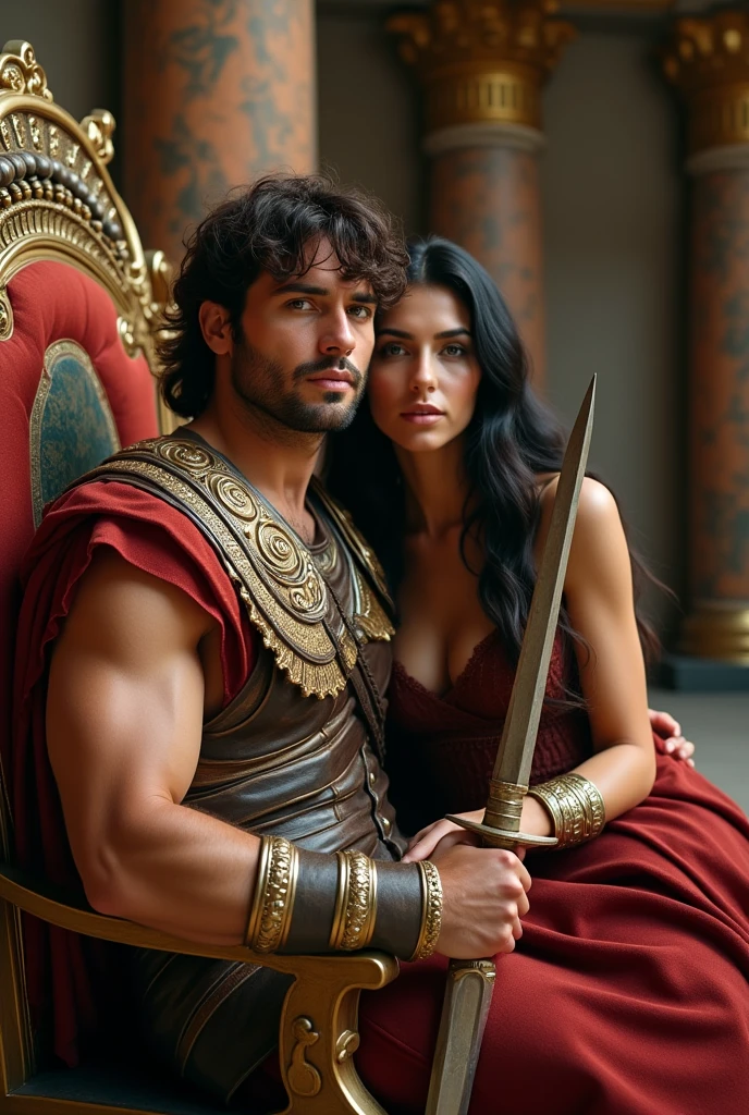 A handsome man dressed as a gladiator, approximately 40 years old, dark brown hair, greeneyes, holding a sword next to a woman, with long black hair, fair skin sitting on an ancient lonian emperor throne 