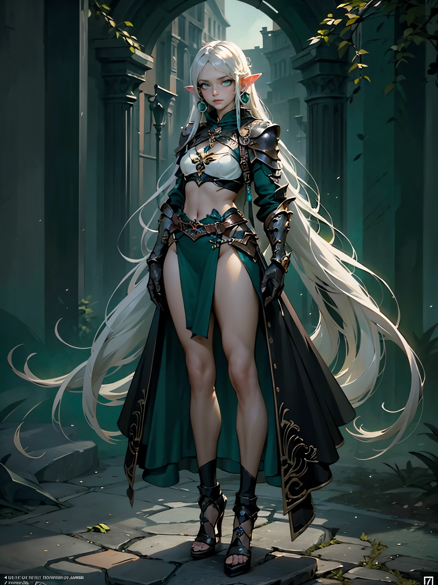 (((Masterpiece, best quality, high detailed, 8k))) Design a layout showcase Gaming character, (1girl). Elf, long silver hair, green eyes (detailed eyes), angelic face, wearing a long flowing jade dress with high side slit, showing midriff, wielding a huge sword, sexy. (masterpiece:1.2), (best quality), ultra-detailed. (Step by step design, layout art:1.5), (luminous lighting, atmospheric lighting). Elf royalty. ((glove full hands)), intricate vambraces, thigh highs, thick thighs, (((full_body_shot:1.4))). The elf stands gracefully amidst dark, dense, ancient, towering trees, their leaves shimmering with a magical glow. The bikini armor, a blend of sleek metal and glowing energy lines, contrasts beautifully with the natural surroundings. Her long silver hair flows softly around her, framing her elegant face with piercing green eyes that radiate wisdom and strength. Huge sword she holds is pulsing with an ethereal green light.（hoang lap，A high resolution，hyper detailled），Black Soul theme, leather，Off-white，ranger，Background of details，Northern Valley，Irithyll，Cold moon，Rule of thirds，boundage，Diablo 4 style，intricate-detail，Diablo color theme，（offcial art，Beauty and aesthetics：1.2），（Dark art，erode,  fractal art：1.3），rich colourful，horryfing，highest details, detailed eyes, (green eyes: 2), white hair with blue tips, blue colored inner hair, long hair, solo, 1girl, slim, small breasts, green flames