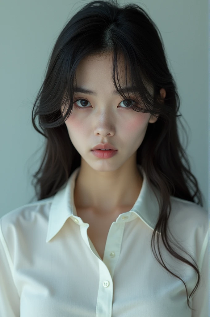 The woman in the image is wearing a white shirt and has long, dark hair. She is looking straight at the camera with a serious expression on her face.
