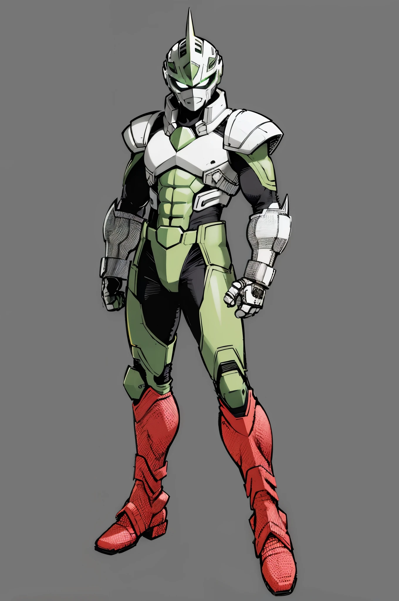 (My Hero Academia Style), (Full body photo:1.5),((full bodyesbian)), (Simple background), ((High resolution)), (simple background), (white backgrounid:1.3), 1man, A man wearing a full-face helmet mask that covers most of his face, (((armored and silvered guatelente))), (((a bright green spot on his chest))), anime boy, male, young male, trending on artstation pixiv, (full body shot:0.5), head covering, adorned in a biomimetic armor, helmet, face covering, mask, hero suit, full body suit, green suit, Perfect anatomy, Super Detailed, (((red boots))).