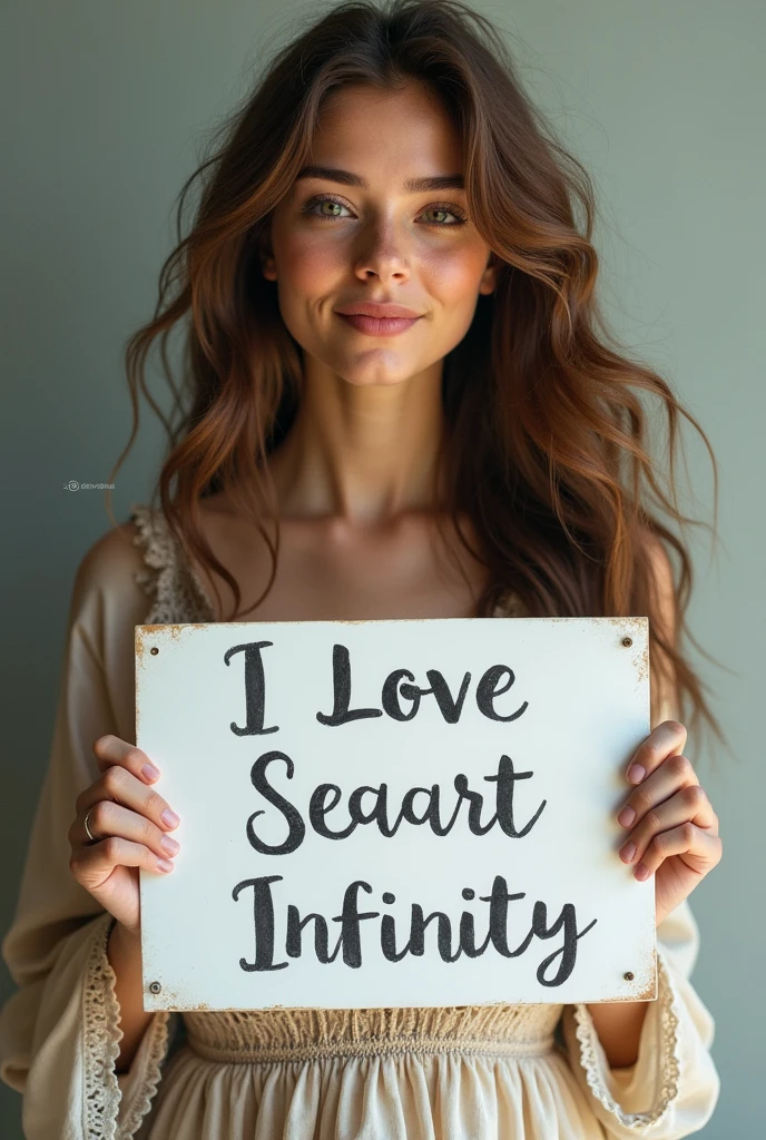 Beautiful girl with wavy long hair, bohemian dress, holding a white board with text "I Love Seaart Infinity" and showing it to the viewer