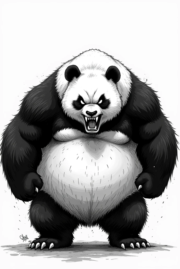 Black and white manga style sketch of an angry muscular panda