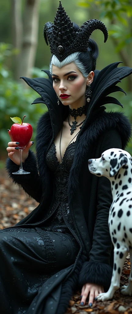 unparalleled Black Queen，accessories，Apple in hand，Poison apples，Witch Queen，Red lipstick（Black hair on the left，White hair on the right），Black and white spotted fur coat，Holding a wine glass，Scarlet lipstick，(cooking，Disney Villain)，Pale skin，Villain，A Dalmatian dog sat next to him，accessories, A beautiful woman, insane highly detailed, raw insane realistic, insane professional photorealistic, hdr, cinematic lighting, dramatic pose, elegant flowing dress, serene expression, lush natural environment, radiants colorful dslr vivid colors, intricate details
