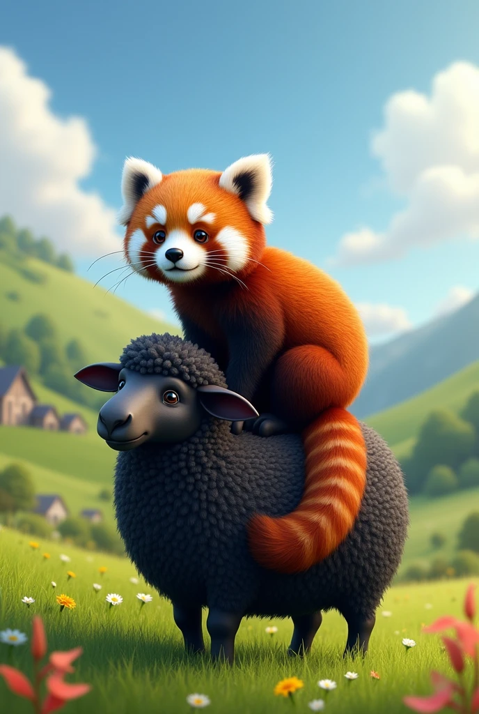 A red panda on top of a black sheep Realistic