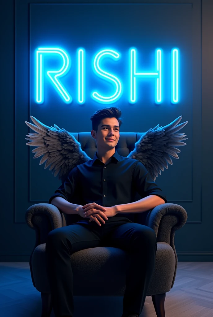Create a stunning 3D profile picture where a young man (around 30 years old) with a charming smile sits on a velvet wingback chair. Dressed in a black shirt and a black pant formal shoes, he gazes confidently into the distance. Behind him, a vibrant blue neon sign spells out "RISHI" in a bold, futuristic font against a deep charcoal wall. The scene is bathed in a warm, ethereal glow, highlighting his angelic presence with subtle, feathery wings.