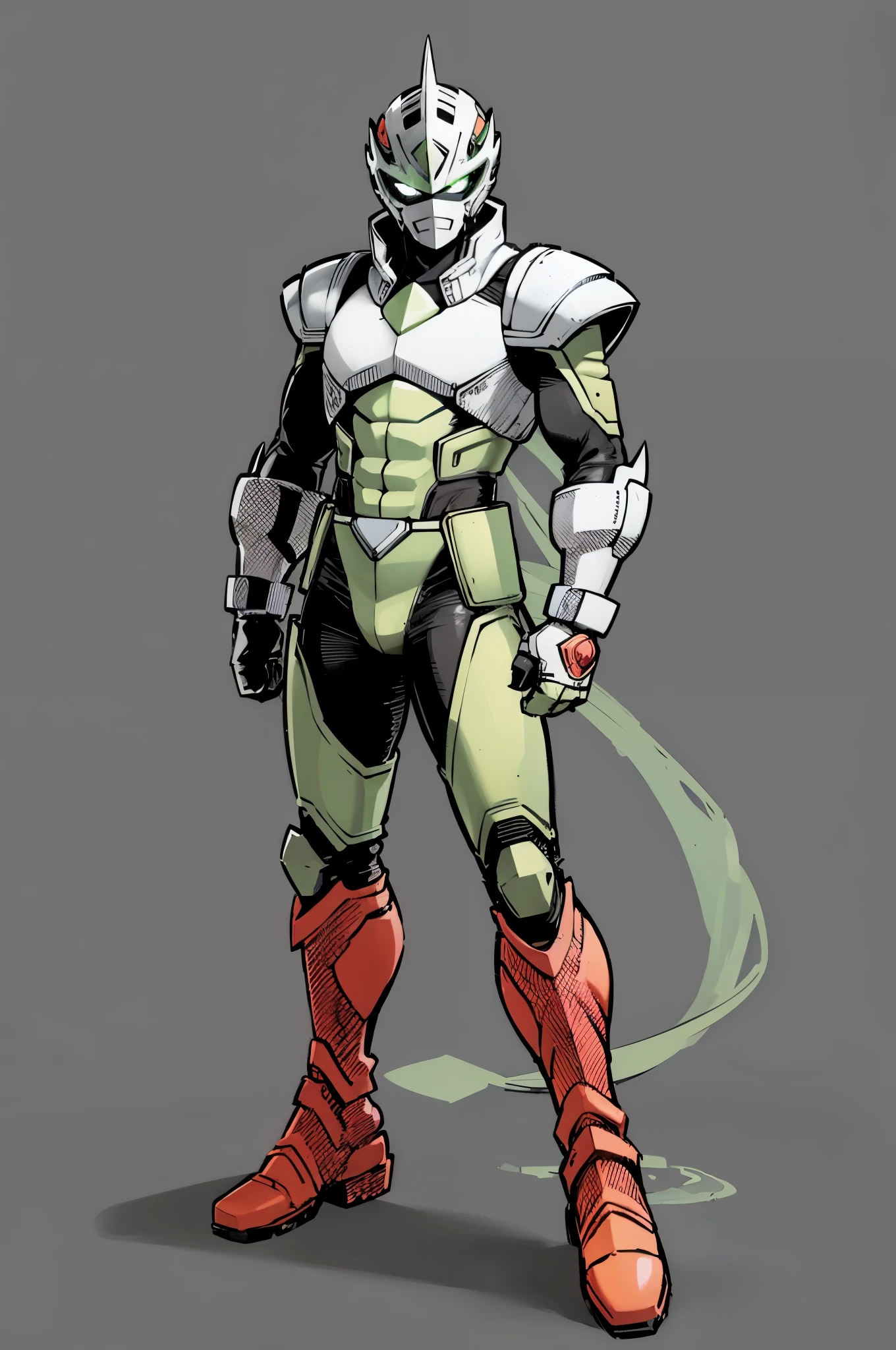 (My Hero Academia Style), (Full body photo:1.5),((full bodyesbian)), (Simple background), ((High resolution)), (simple background), (white backgrounid:1.3), 1man, A man wearing a full-face helmet mask that covers most of his face, (((armored and silvered guatelente))), (((a bright green spot on his chest))), anime boy, male, young male, trending on artstation pixiv, (full body shot:0.5), head covering, adorned in a biomimetic armor, helmet, face covering, mask, hero suit, full body suit, green suit, Perfect anatomy, Super Detailed, (((red boots))).