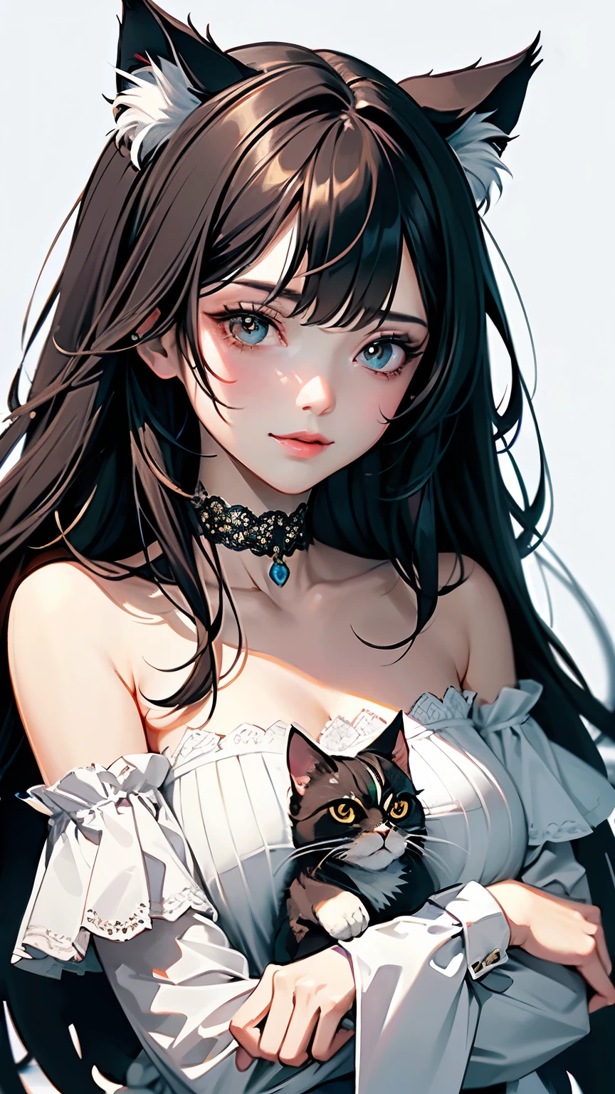 (highest quality, masterpiece, High resolution)、(anime art)、,cinematic light、soft light、girl、black hair、Persian Cat Costume、off shoulder、Cat ear、medium long hair、hair ornaments、choker、enchanting smile、Medium chest、Meow Meow Pose、Cat jarashi、((white background))、