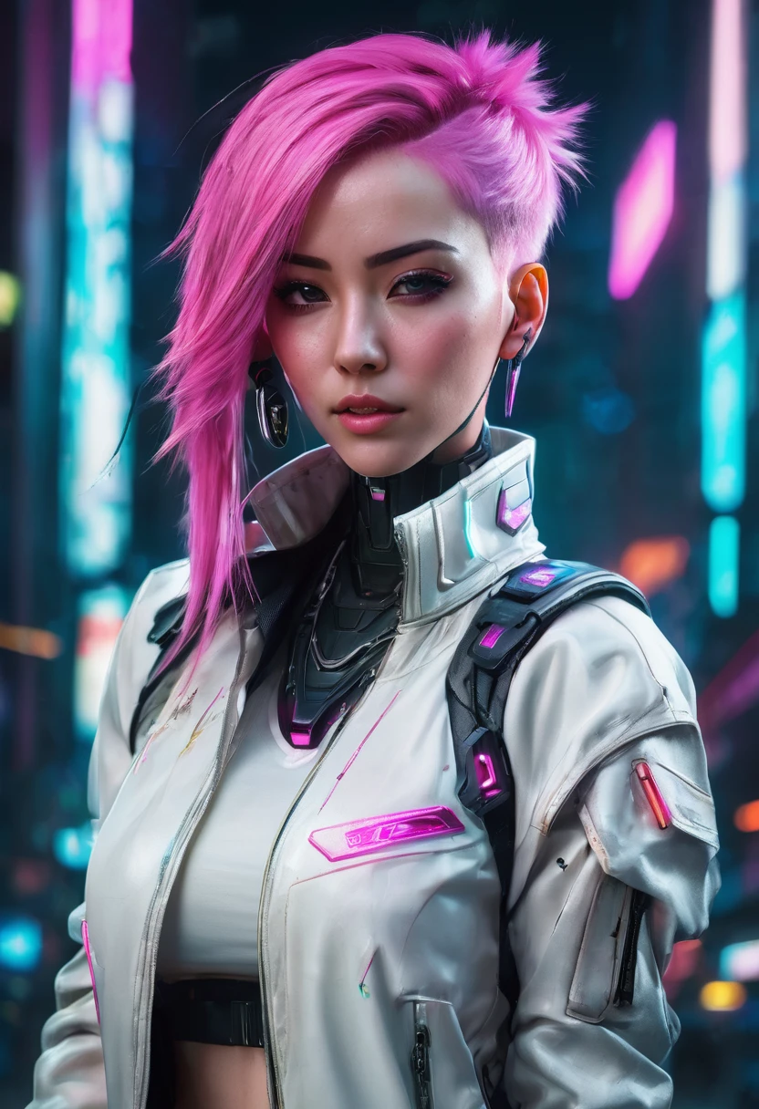 A close-up of a woman with pink hair and a white jacket, wearing cyberpunk jacket 2 0 7 7, cyberpunk 2 0 years. o model girl, Cyberpunk 2 0 7 7 Character Art, female cyberpunk anime girl, cyberpunk anime girl, cyberpunk character art, beautiful cyberpunk woman model, Style Ross Tran, cyberpunk beautiful girl, cyberpunk girl, ross tran 8k, Cyberpunk character