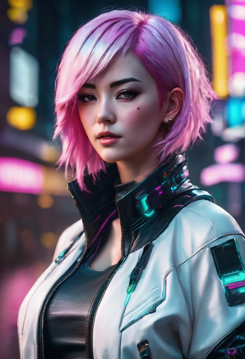 A close-up of a woman with pink hair and a white jacket, wearing cyberpunk jacket 2 0 7 7, cyberpunk 2 0 years. o model girl, Cyberpunk 2 0 7 7 Character Art, female cyberpunk anime girl, cyberpunk anime girl, cyberpunk character art, beautiful cyberpunk woman model, Style Ross Tran, cyberpunk beautiful girl, cyberpunk girl, ross tran 8k, Cyberpunk character