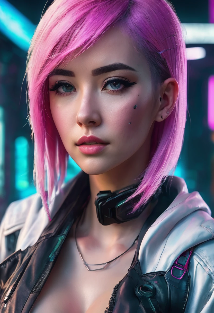 A close-up of a woman with pink hair and a white jacket, wearing cyberpunk jacket 2 0 7 7, cyberpunk 2 0 years. o model girl, Cyberpunk 2 0 7 7 Character Art, female cyberpunk anime girl, cyberpunk anime girl, cyberpunk character art, beautiful cyberpunk woman model, Style Ross Tran, cyberpunk beautiful girl, cyberpunk girl, ross tran 8k, Cyberpunk character