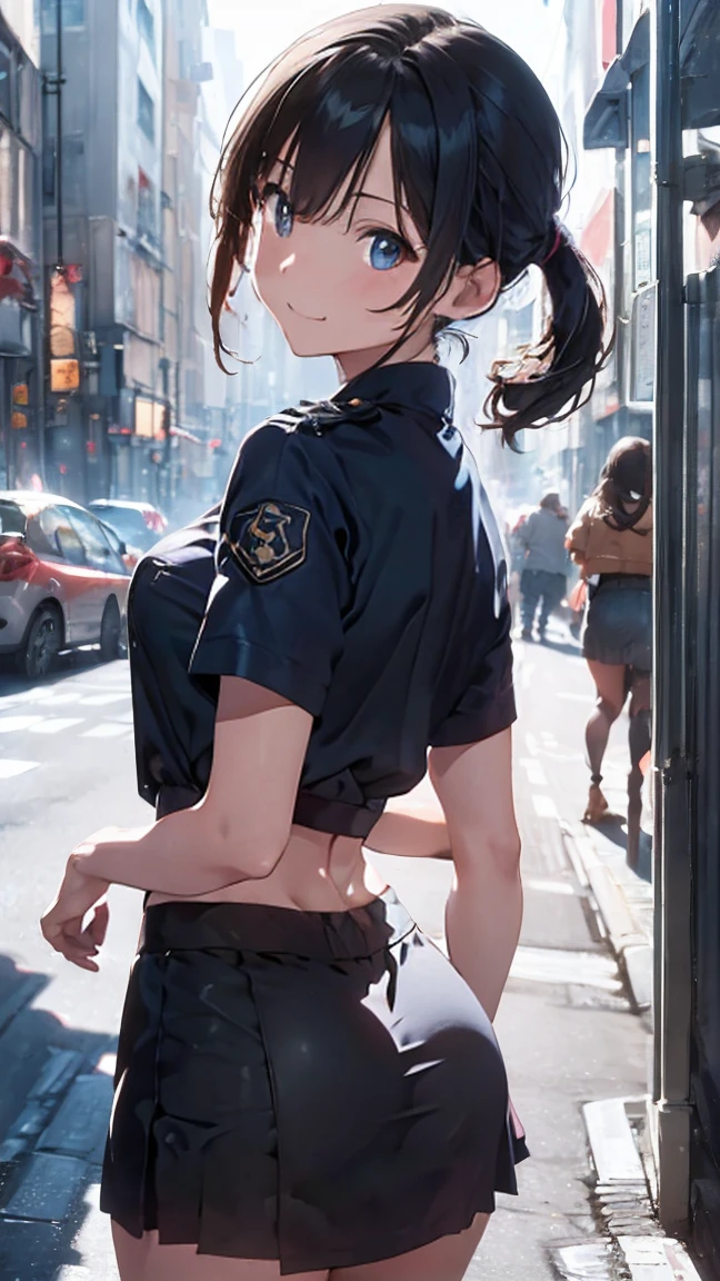 (masterpiece:1.2, Highest quality), (Realistic, photoRealistic:1.4),Beautiful illustrations,(Natural Side Lighting, Cinema Lighting),1 female,Japanese,Mature Woman,Female police officer on patrol,28 years old,Perfect Face, Symmetrical face, Glowing Skin,Random Hairstyles,Big eyes,Sexy Eyes,(smile),(whole body),break((Police Officer Shirt)),((A tight mini skirt made of thin fabric)),(The background is a street corner:1.5),(((Background Blur:1.5))),((Police uniform)),break(((From behind:1.5))),(((Stick your butt out:1.2)))
