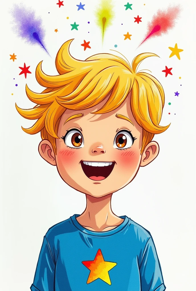 Create a drawing of the joy of playfully like a brown-eyed boy, blonde hair and blue shirt with a colorful star with all the colors of the rainbow in the middle 