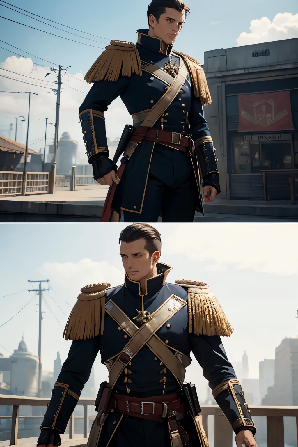 design science fiction french napoleonic old guard uniform with armor details, metal plates, make it a little cyberpunk as well, really good quality