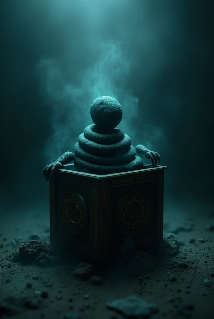 A Jack in the box box in the middle of the darkness and illuminates it with low light, foggy