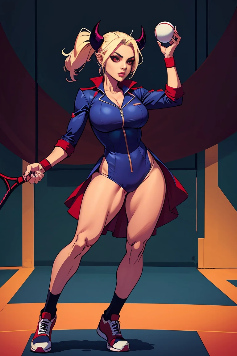 demon girl with full body dynamic pose wearing a mechanic suit and tennis