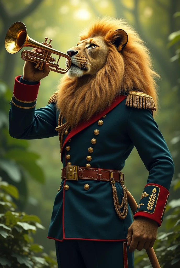 A lion in a green and yellow military uniform playing the trumpet