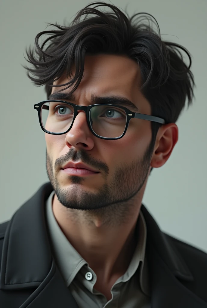 A person of male gender, White skin, broken black hair and wearing glasses