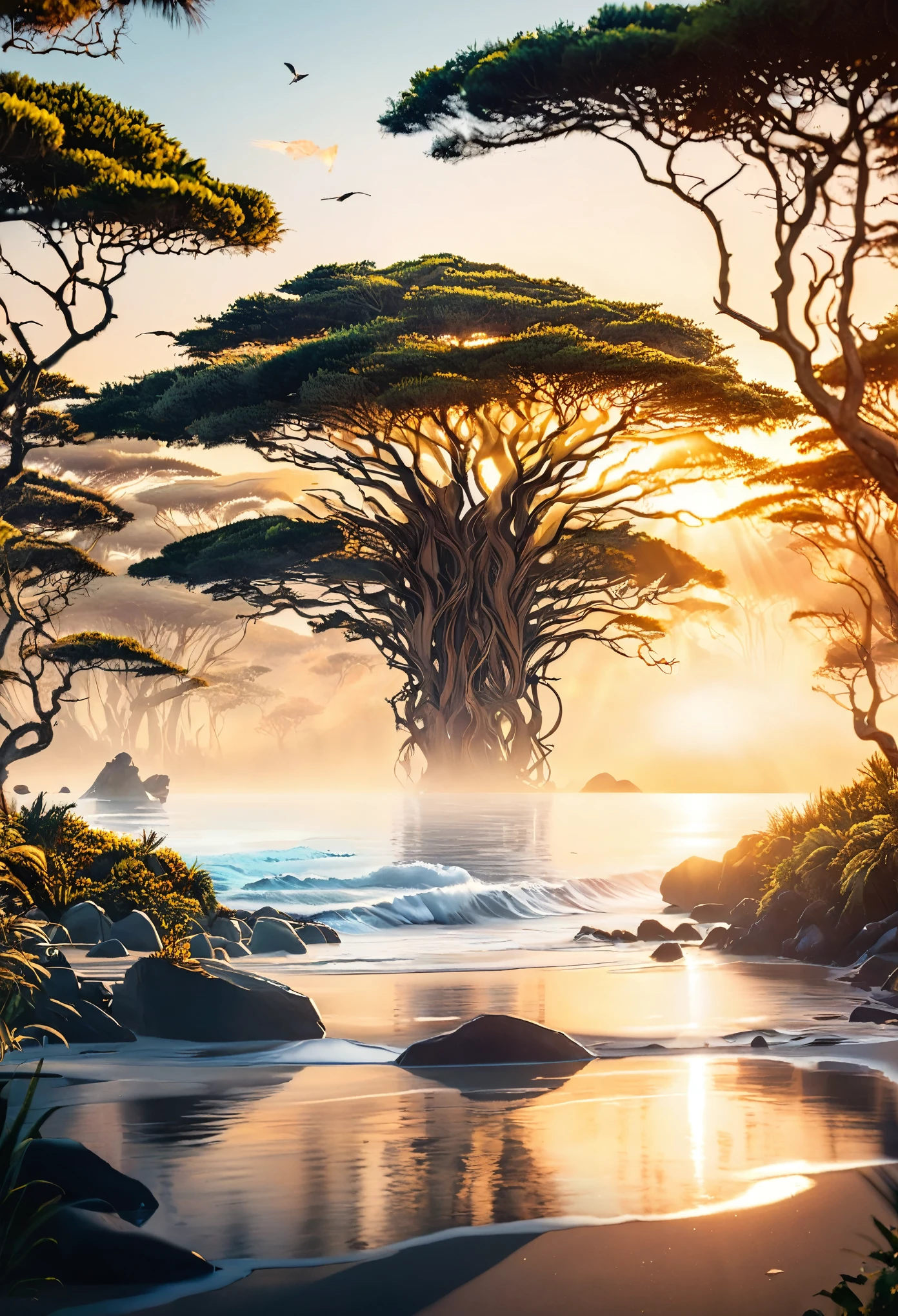 ((Double Exposure)) ((Photography)) of the ((forest)) and ((sunrise)) and ((ocean)) blending together in the word ((AFRICA)), artfully captured with a ((70mm lens)) on a ((clear sunny day)), intricate details and ((hyperrealistic)) patterns that draw the eye, providing a unique and creative way to showcase this breathtaking scene. ((Unreal Engine 5)) ((Rendered))
