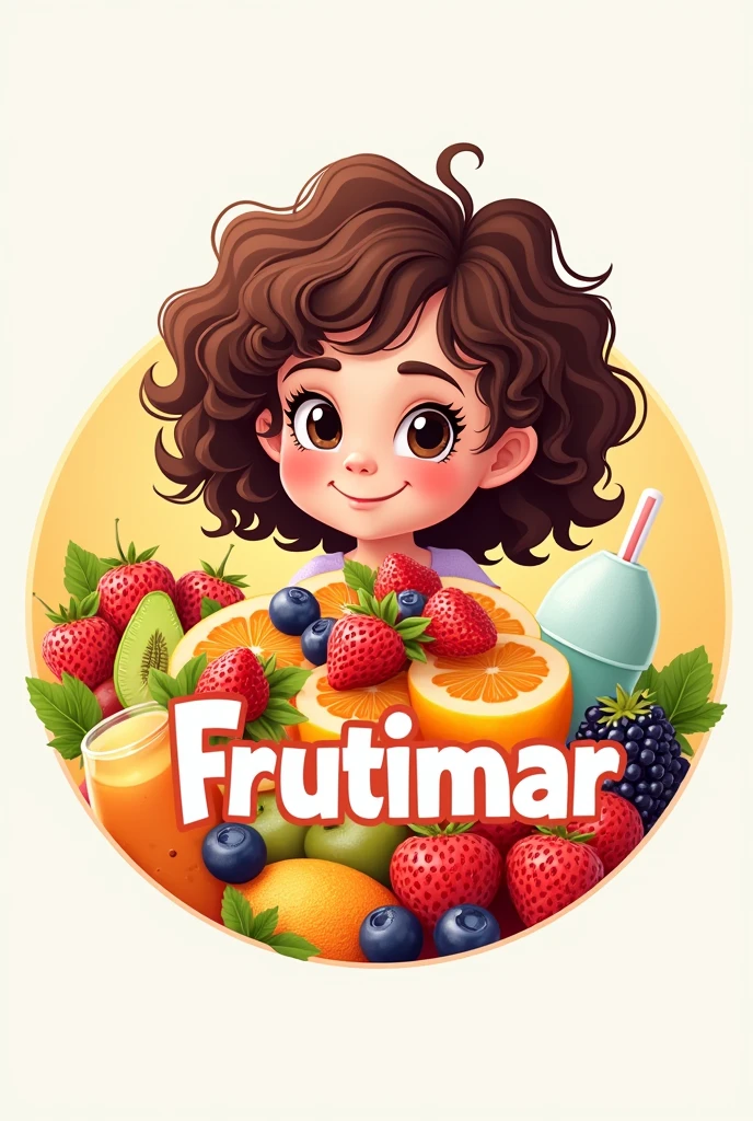 Circular logo of the name Frutimar, have fruit salad with ice cream, juices and fruits. With girl curly brown hair