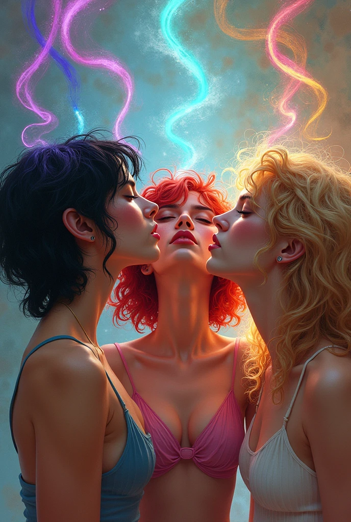 My friends and I eat emotions of intensely, me with short black messy hair, My redhead friend and my other friend with blonde curly hair.