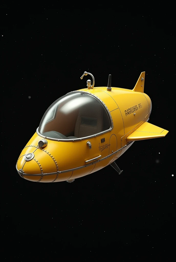 A small yellow capsule-type spaceship,1969s Design,Spaceships don&#39;t have wings,Riveted surface,There is writing on it,The window is small and a peephole,Has a hook,Spaceship background in space,