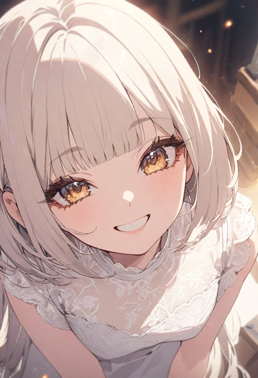 girl, (Puffy eyes:1.05), (White lace shirt), Platinum Blonde Hair, (Angled Bob:1.4), Straight bangs, (Long flowing hair), smile, Happy, happiness, Skin with attention to detail, Skin pores, A surprisingly innocent and symmetrical face, Long eyelashes, Black eyeliner, Light gold eyeshadow, cross_foot, emotion, masterpiece, Highest quality, reality,