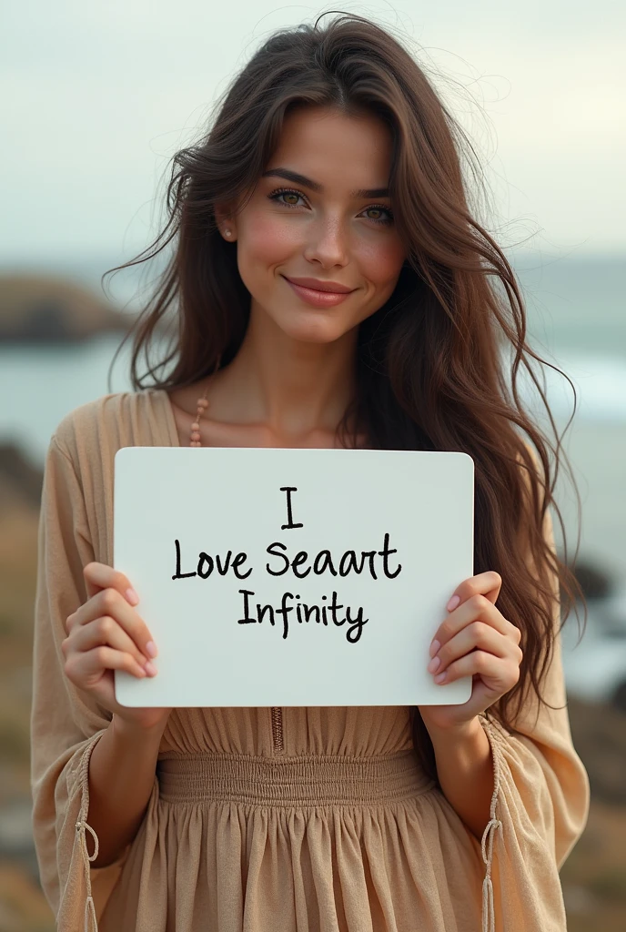 Beautiful girl with wavy long hair, bohemian dress, holding a white board with text "I Love Seaart Infinity" and showing it to the viewer