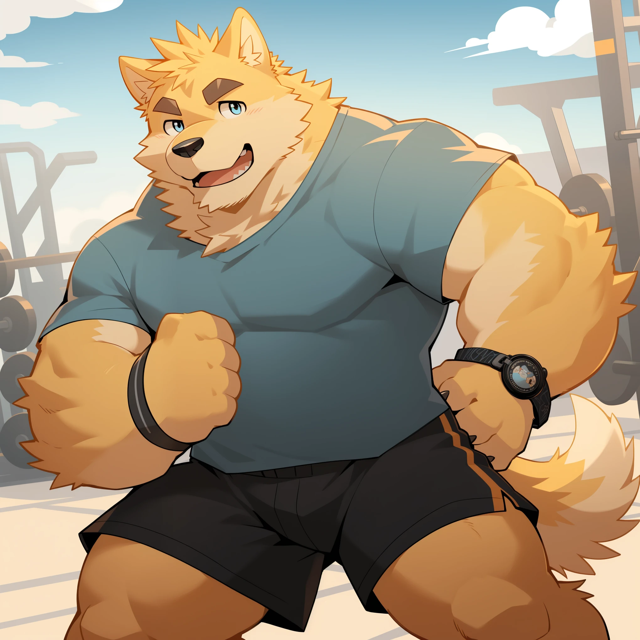 Scribble 金毛巡回dog face,Humanity(dog),(Light blue short sleeves:1.3),Muscular,(Black eyebrows:1.1),(Perfect eyes),Yellow fur,(artist:Takemoto Arashi),Gym background,Wolf Tail,(Black shorts:1.3),paw,(Black watch:1.3)