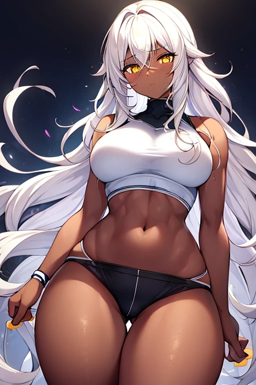 1girl, dark skin, dark-skinned female, yellow eyes, white hair, long hair, large breasts, wavy hair, thick thighs, sportswear, shy, sports bra, hourglass figure, neon, neon trim, mature female, skin tight, tight clothes, number, numbers, text, highleg