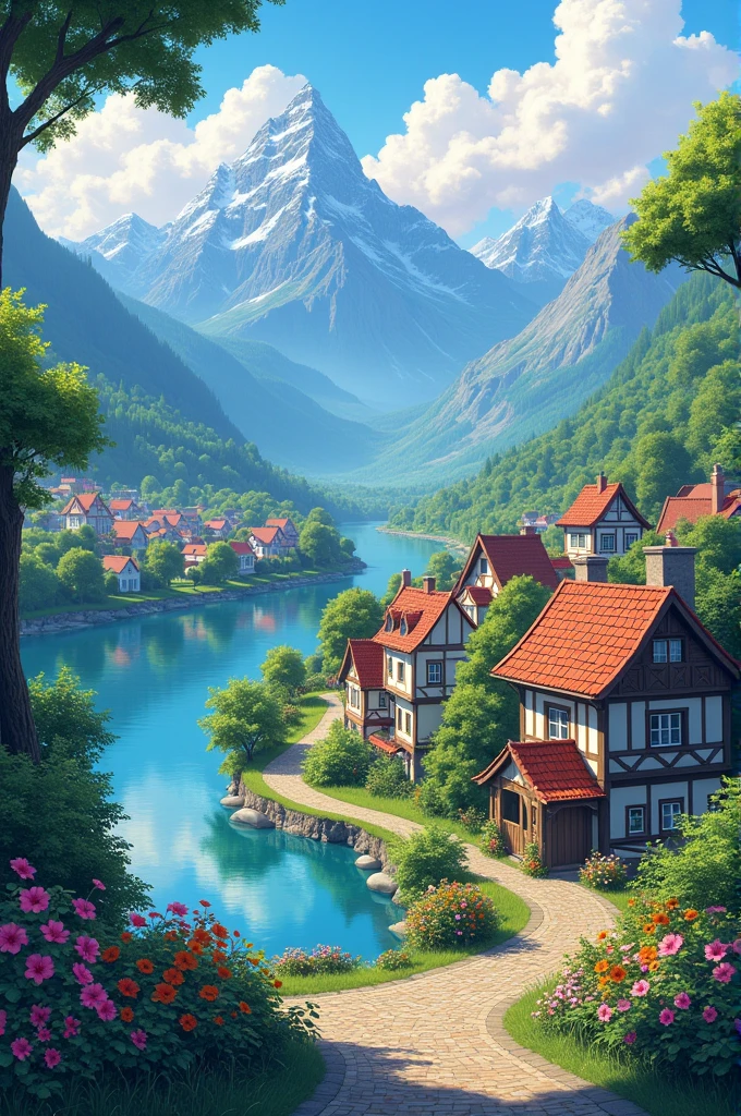 a small village by the river, mountains in the background, floral flowers colorful, detailed landscape, Beautiful natural landscapes, atmospheric lighting, scorching sunset, warm colours, practical, photopractical, Detailed Foliage, complex buildings, cobblestone street, Charming country house, swirly vibrant colors, lush vegetation, Still water reflections, Picturesque, idyllic, work of art, best qualityer, 8k, extremely detaild,anime styling