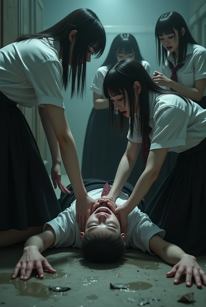 Group of school girls in long black skirts and long hair strangling boy in bathroom with rope around his neck