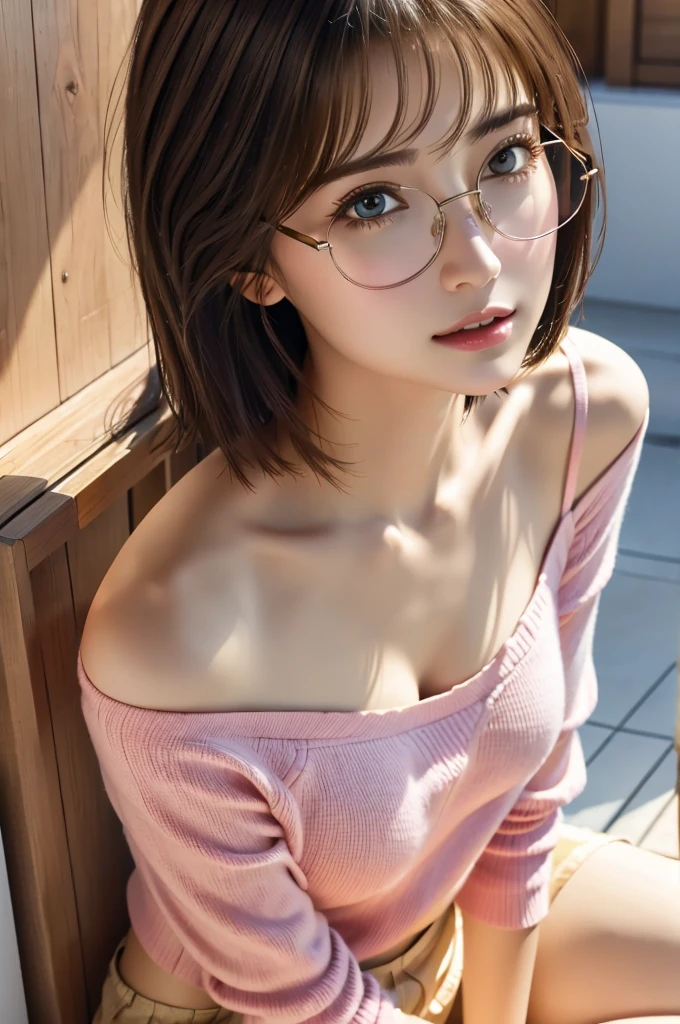 ((Girls at idle level)), ​masterpiece, The highest image quality, ultra-detailliert, (perfectbody:1.3), (Perfect face+eye glass+dishevled hair+Blonde shorthair), Close up of, Viewer's Perspective, She bent and lowered her body to match the gaze of the audience。detailed hairs,ssmile、Detailed eyes(realisticeyes),profetional lighting,Beautiful breasts,