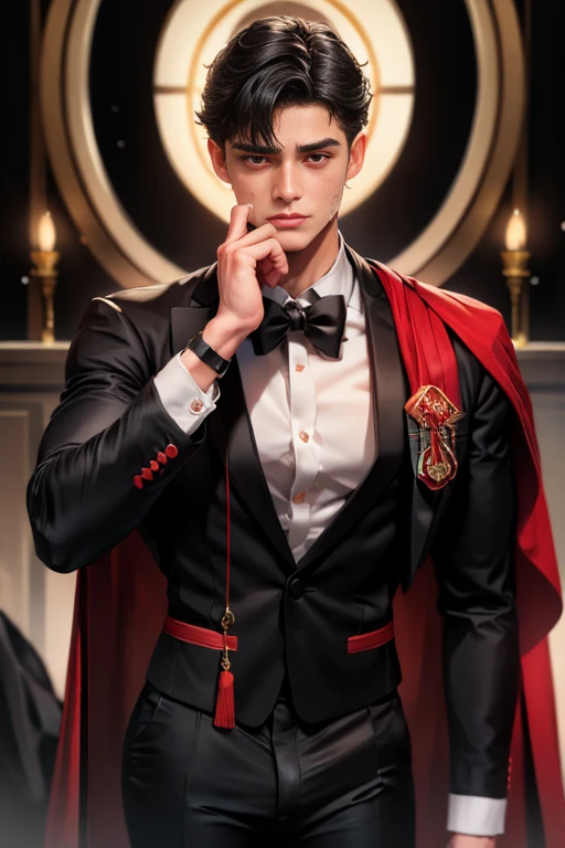 masterpiece, 最high quality, high quality, boy alone, male focus, looking at the viewer, whole body, Winning spirit_destiny, dirty black hair, blue adorable big eyes, white people, noble, noble, Noble Vampire、Classy tuxedo,A very large long red and black cloak with a very large collar, 20-year-old,cute beautiful boy,cute cute crying face
