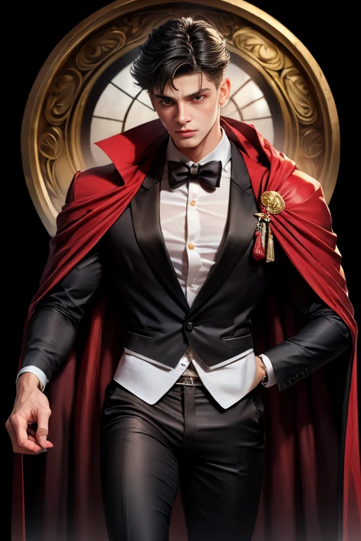 masterpiece, 最high quality, high quality, boy alone, male focus, looking at the viewer, whole body, Winning spirit_destiny, dirty black hair, blue adorable big eyes, white people, noble, noble, Noble Vampire、Classy tuxedo,A very large long red and black cloak with a very large collar, 20-year-old,cute beautiful boy,cute cute crying face