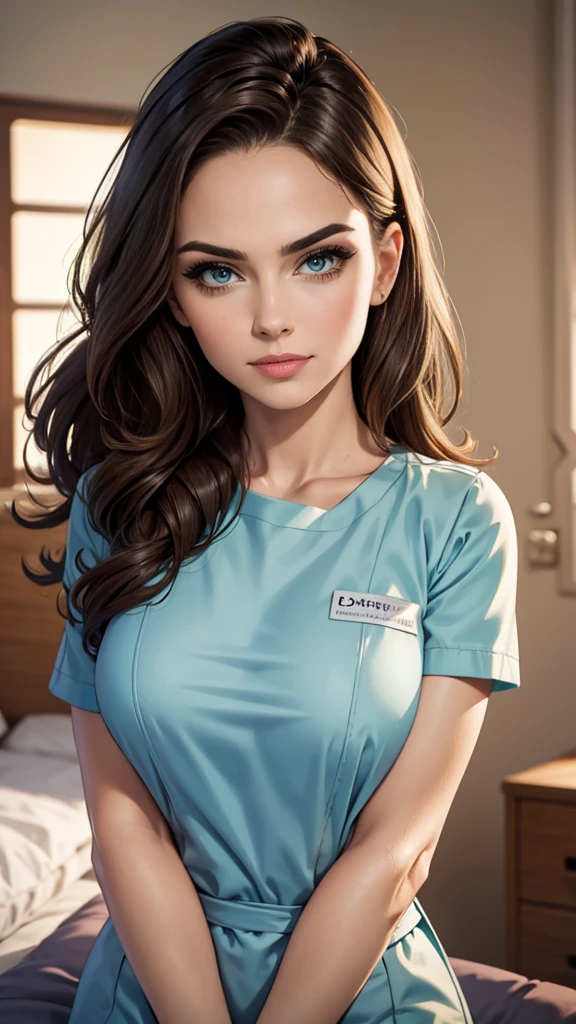  (masterpiece, Best quality, a high resolution, ultra detailed),(beautiful and aesthetically pleasing:1.2), 1 woman, adult woman, black wavy tousled hair, green eyes, lethargic look, tired look, gentle face,(slight smile:0.8), detailed eyes and face, perfect body, Whole body, Soft lighting, Whole body, complex parts, hospital atmosphere, hospital, hospital ward for treatment, is being treated in hospital, patient clothing, ache