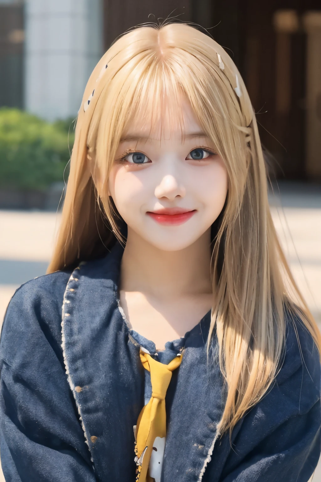 1girl, JIWOO NMIXX , perfect face and eyes, perfect poses, sexy body, surprised, blonde hair, front bangs, masterpiece, best quality, highly detailed, solo focus, ((smiling :0.8)) 