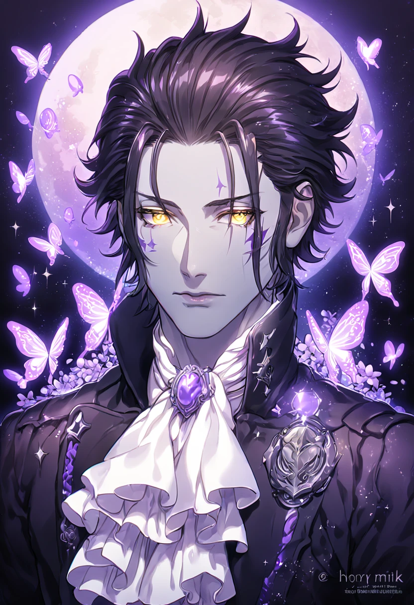 absurdres, highres, ultra detailed, HDR, master piece, best quality, Tyki Mikk, black hair, hair slicked back, ruffled hair, expressive yellow eyes, gray skin, D.Gray-man, solo, sexy man, handsome, sensual, horny, black coat, white shirt, white cravat, white gloves, fantasy, magical, shining, purple flowers, blossoms, water, purple butterflies, purple butterflies, sparkling, purple moon, starry sky