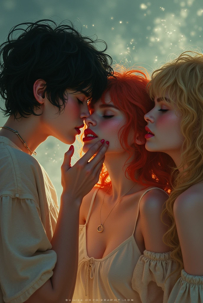 My friends and I eat emotions of intensely, me with short black messy hair, My redhead friend and my other friend with blonde curly hair.
