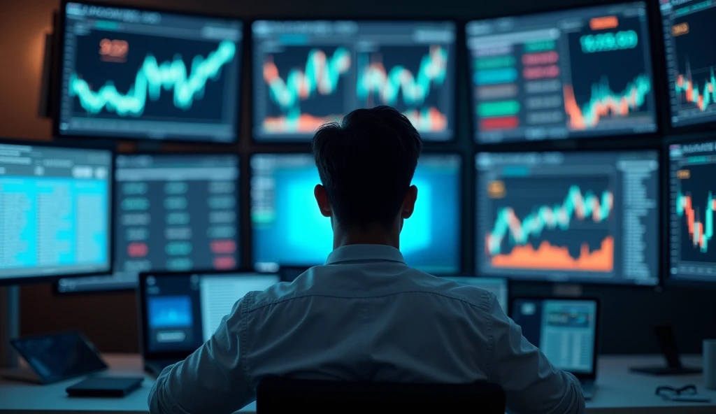 Uma imagem realista de um investidor da bola de valores  em uma corretora, Surrounded by graphs and big screens with arrows indicating high, Making Investments. Photographed from a close-up angle to capture the sense of precision and curiosity.