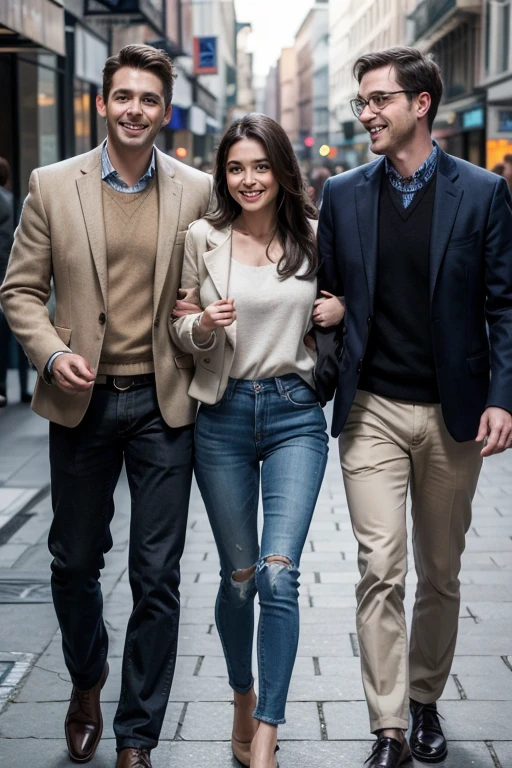 a pretty brunette woman walking and talking to two smiling men.