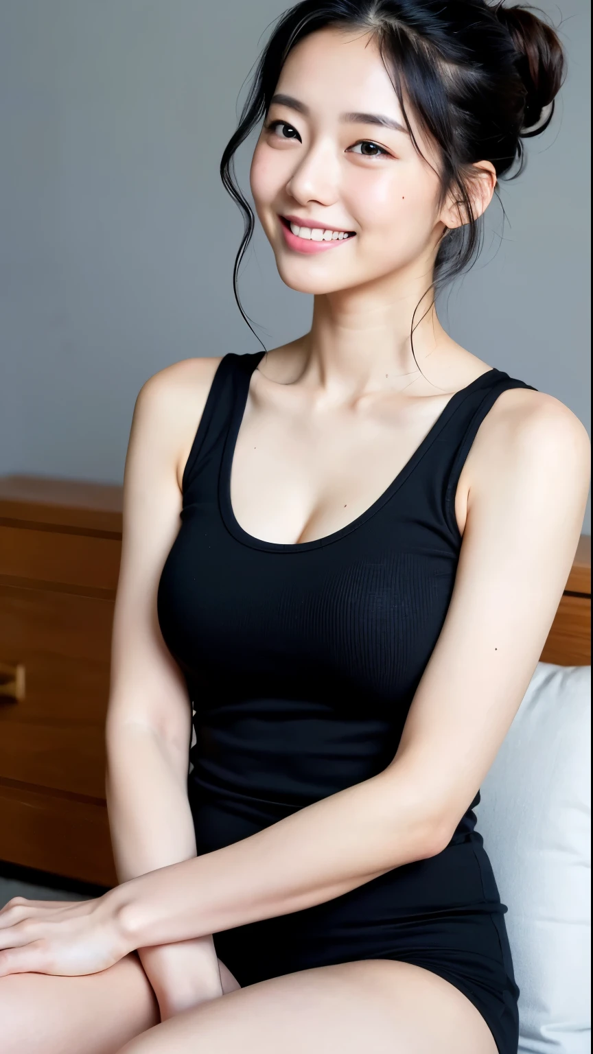 (Highest quality, 8k, 32K, masterpiece, Hmm..:1.2),Beautiful Japanese Women Photos, Very short hair or ponytail,Shiny black hair、Hairstyle with visible ears、Thighs、Tank top, Looking at the audience,young、Sunburned skin、Big smile、Very good、belly button、Large Breasts、Detailed face、Detailed eyes、Random age between 18 and 35、Touching your own body