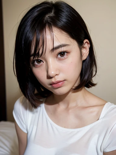 In front of the white wall of a stylish white hotel room with the morning sun shining in、On the bed、18-year-old female、Realistic Skin、((Dark Eyes))、A shy smile、Medium Short Hair、Grey T-shirt、Yoshitomo Nara, shikamimi, Chiho, mayuri shiina, A real young gravure idol, beast, , Kotegawa Yui, 8k、narumi kakinouchi