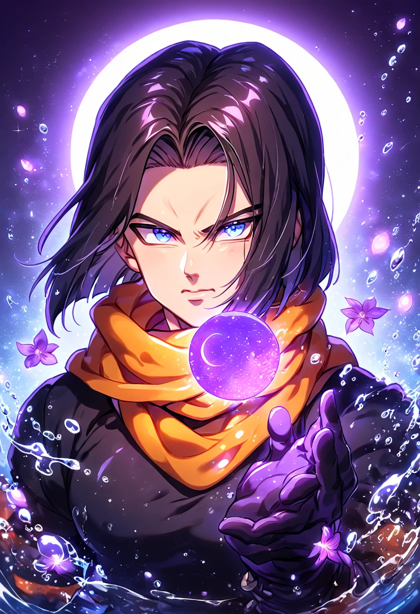 absurdres, highres, ultra detailed, HDR, master piece, Android 17, black hair, expressive blue eyes, orange scarf, black shirt, black gloves, Dragon Ball Super, sexy man, handsome, best quality, purple glittering crescent moon, purple flowers, fantasy, magical, solo, water, purple shining fireflies, purple petals, sensual, purple fire, manly man,