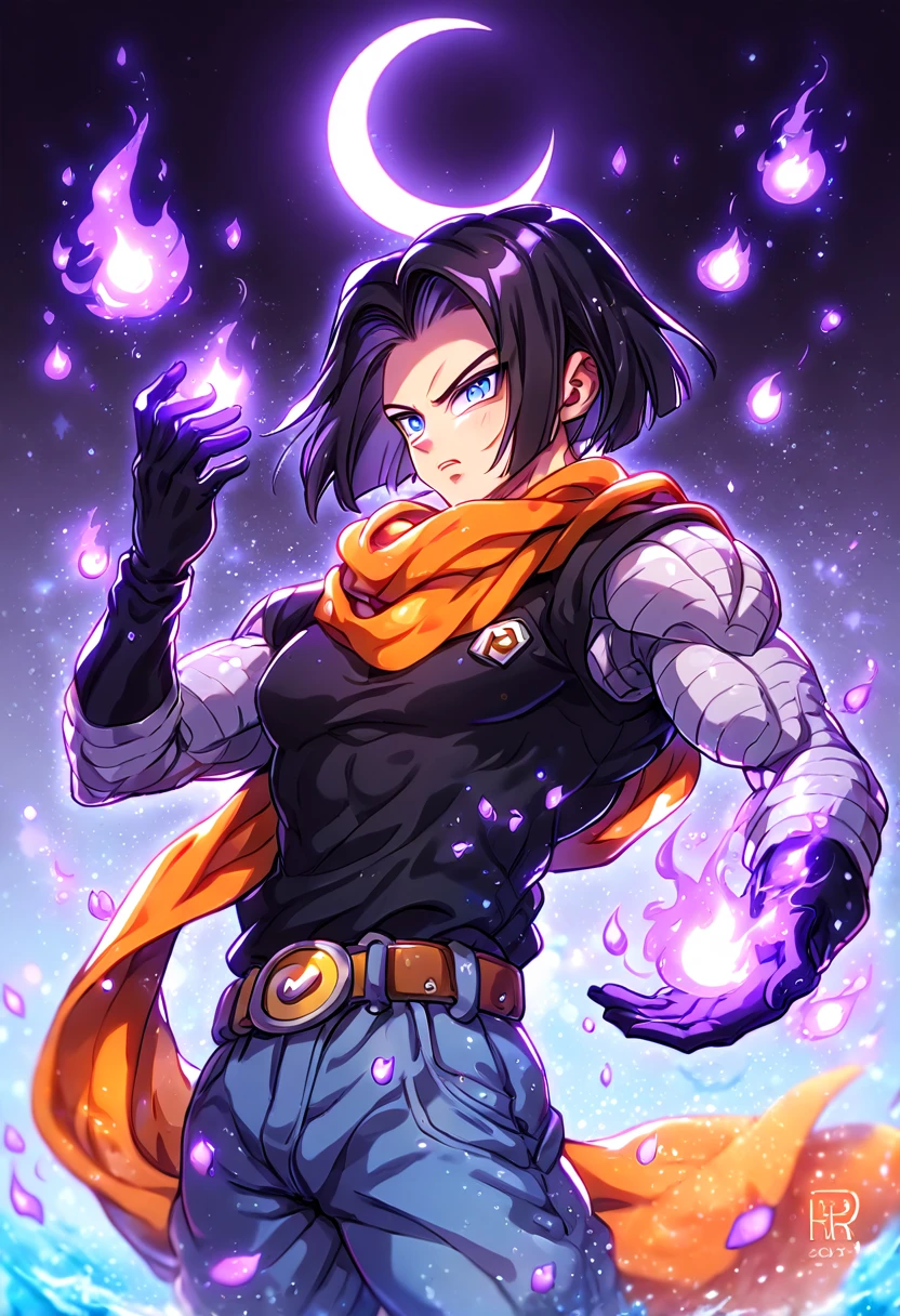 absurdres, highres, ultra detailed, HDR, master piece, Android 17, black hair, expressive blue eyes, orange scarf, black shirt, black gloves, Dragon Ball Super, sexy man, handsome, best quality, purple glittering crescent moon, purple flowers, fantasy, magical, solo, water, purple shining fireflies, purple petals, sensual, purple fire, manly man,