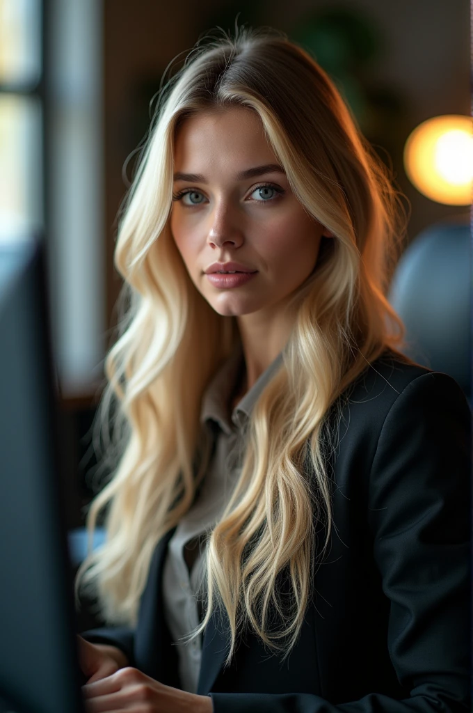 a beautiful girl with long blonde hair, detailed eyes, nose, and lips, wearing professional outfit, siting in her office, using her computer, hp comuter (best quality,4k,8k,highres,masterpiece:1.2),ultra-detailed,(realistic,photorealistic,photo-realistic:1.37),HDR,studio lighting,extremely detailed face and body, portrait,cinematic lighting,dramatic lighting,warm color tones,dramatic colors
