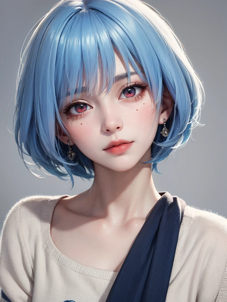 Masterpiece, Best Quality, 8K, Detailed Skin Texture, Detailed Cloth Texture, Beautiful Detail Face, Intricate Detail, Ultra Detailed, Portrait of Rei Ayanami, Blue Hair, Red Eyes, Head Tilt, No Background