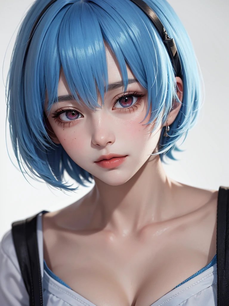 Masterpiece, Best Quality, 8K, Detailed Skin Texture, Detailed Cloth Texture, Beautiful Detail Face, Intricate Detail, Ultra Detailed, Portrait of Rei Ayanami, Blue Hair, Red Eyes, Head Tilt, No Background