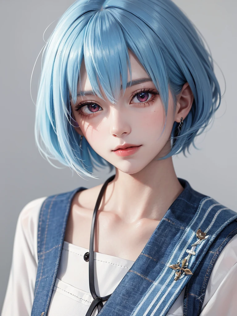 Masterpiece, Best Quality, 8K, Detailed Skin Texture, Detailed Cloth Texture, Beautiful Detail Face, Intricate Detail, Ultra Detailed, Portrait of Rei Ayanami, Blue Hair, Red Eyes, Head Tilt, No Background
